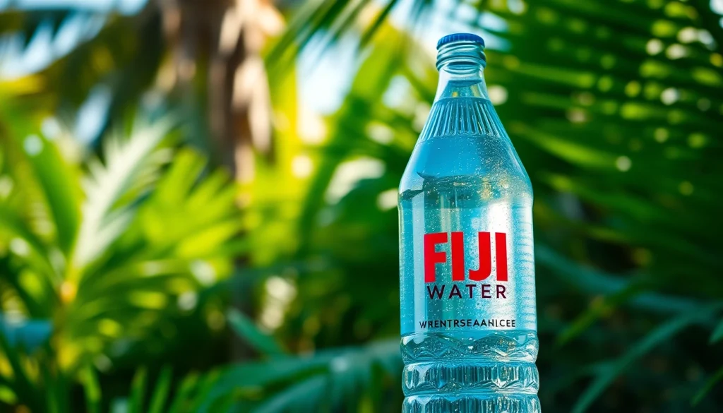 Showcase FIJI Water in a tropical setting, highlighting its purity and refreshing nature.