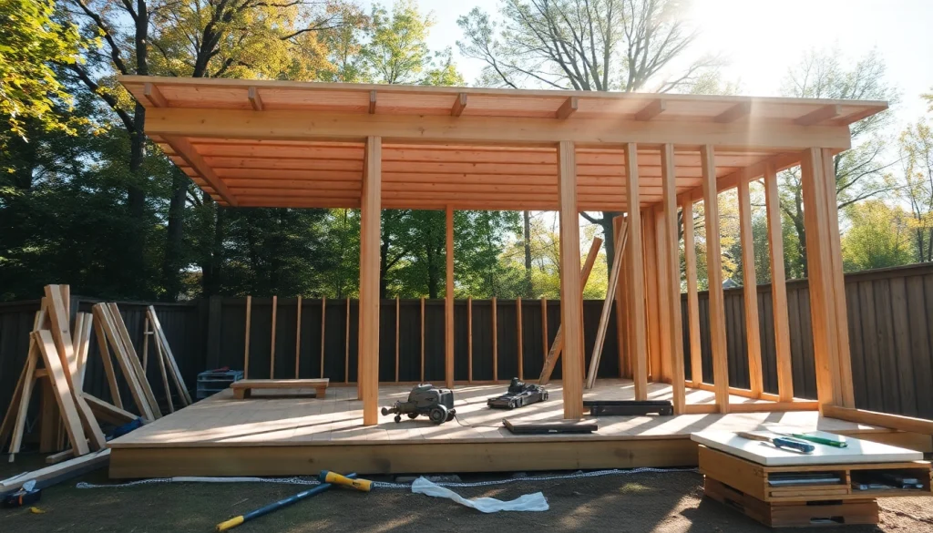 Detailed view of deck construction in progress, highlighting wooden beams and tools in the bright afternoon sunlight.