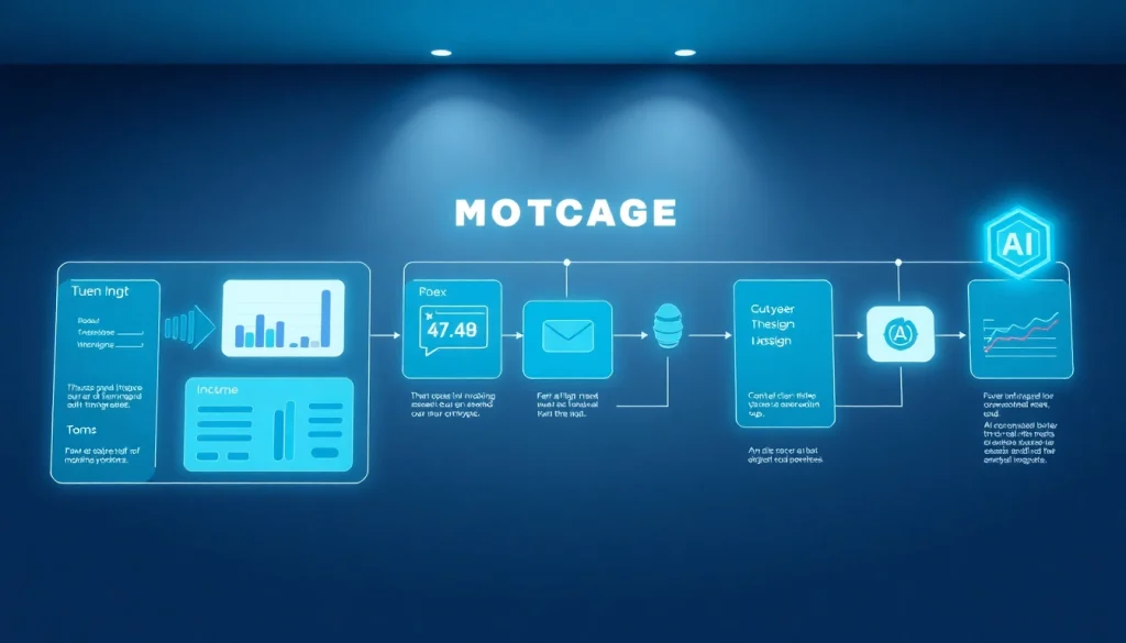 Visualize the mortgage process with AI, showcasing a digital interface with inputs, graphs, and automated features.