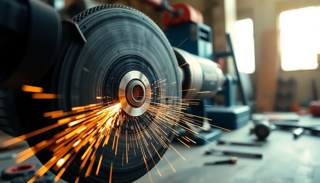 Powerful angle grinders cutting metal with precision and sparks flying, showcasing tool vibrancy.