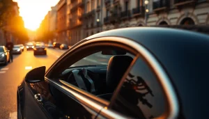 Experience a professional hire car with driver Madrid, showcasing luxurious transport in a vibrant city environment.