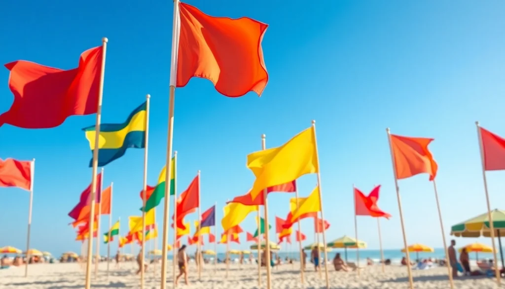 Colorful beach flags flying in the breeze, signaling weather conditions for beachgoers at the shore.