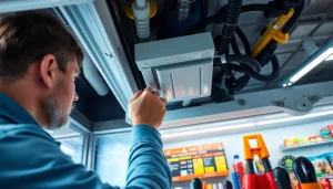 Technician performing open air merchandiser repair, highlighting cooling mechanism and tools.