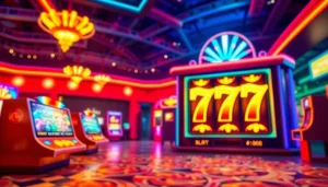 Experience the thrill of สล็อต777 as players engage with colorful slot machines in a lively casino setting.