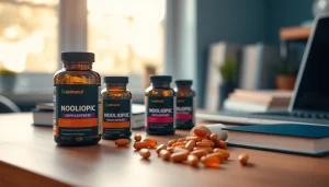 Enhance focus and creativity with nootropics on a stylish desk featuring books and a laptop.