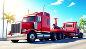 Semi-truck towing Tampa with a heavy-duty tow truck in action under a sunny sky, showcasing reliable service.