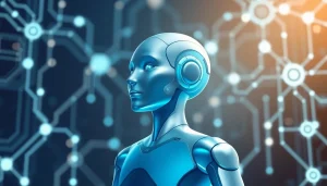 Agentic Human AI entity embodying autonomous decision-making, surrounded by digital streams, representing innovation and progress.