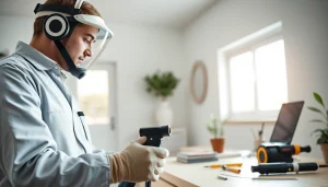 Offering pest control services, a technician expertly manages pest issues in a clean residential space.