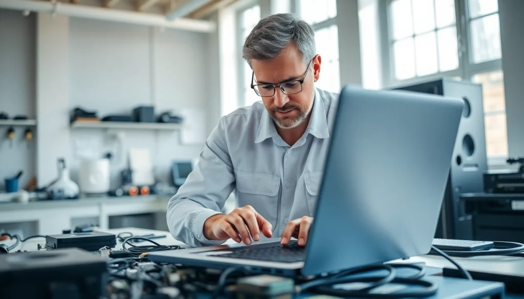 Riparazione computer settimo torinese: Tecnico esperto ripara un laptop in un ambiente moderno e luminoso.