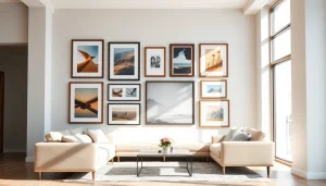 Admire modern design picture frames enhancing a stylish contemporary living room gallery wall.