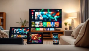 Free trial iptv offered across multiple devices in a cozy living room setting.