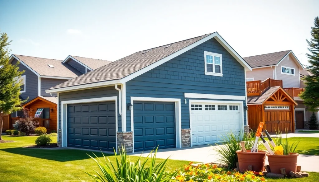 Showcase custom built garages demonstrating diverse designs and high-quality materials.