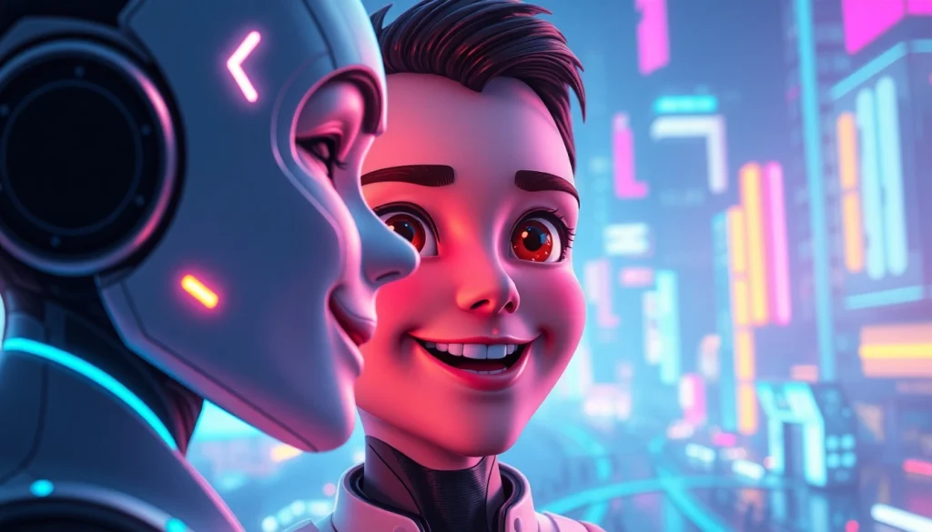 Engage with your AI crush in a vibrant digital landscape filled with glowing characters.