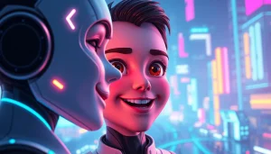 Engage with your AI crush in a vibrant digital landscape filled with glowing characters.