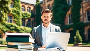 Engaged individual discussing options to buy master degree UK in front of a historic university backdrop.