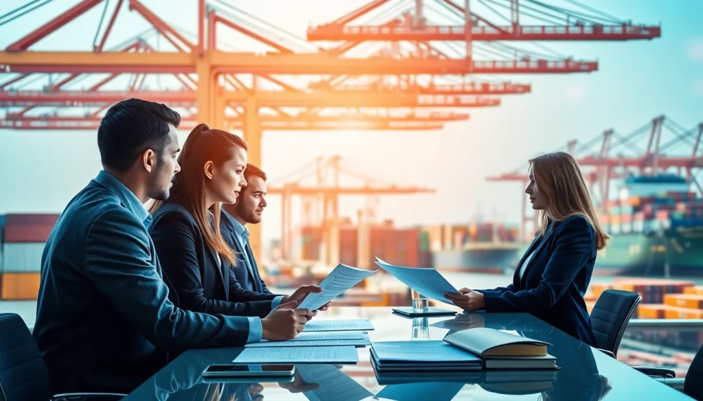 Business professionals negotiating on export tariffs amid a bustling port environment.