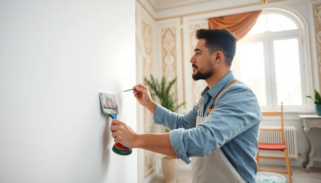 Drywall painting contractors near me applying paint in a beautifully decorated room.