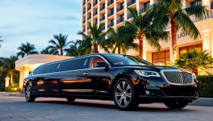 Luxury limousine orlando florida parked in front of a hotel with palm trees.