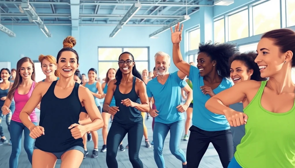 Engaged participants in gym group traning led by expert trainers in a vibrant setting.