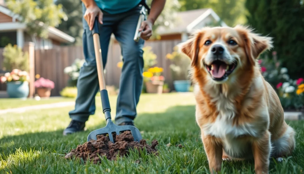 Weekly dog poop scooping by a professional in a clean backyard with a happy dog.