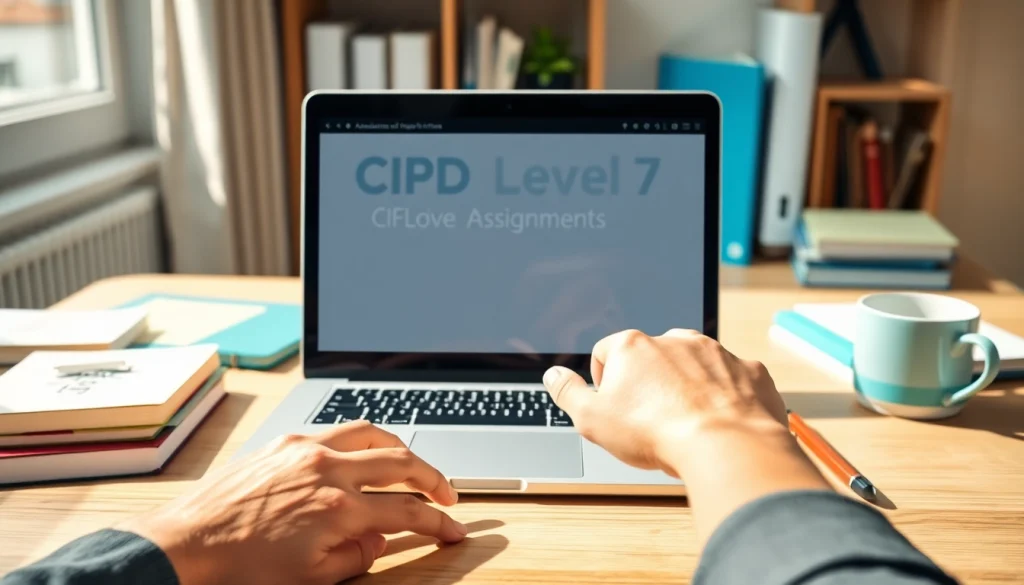 Engaged student using cipd level 7 assignment help on a laptop in a bright study environment.