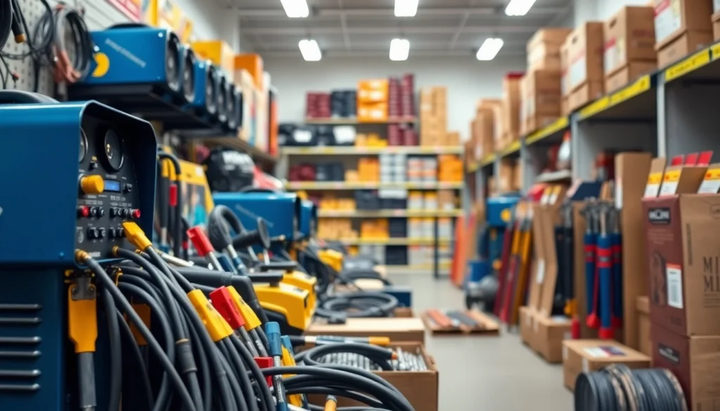 View of a professional welding supply close to me, featuring various tools, materials, and protective gear in a retail setting.