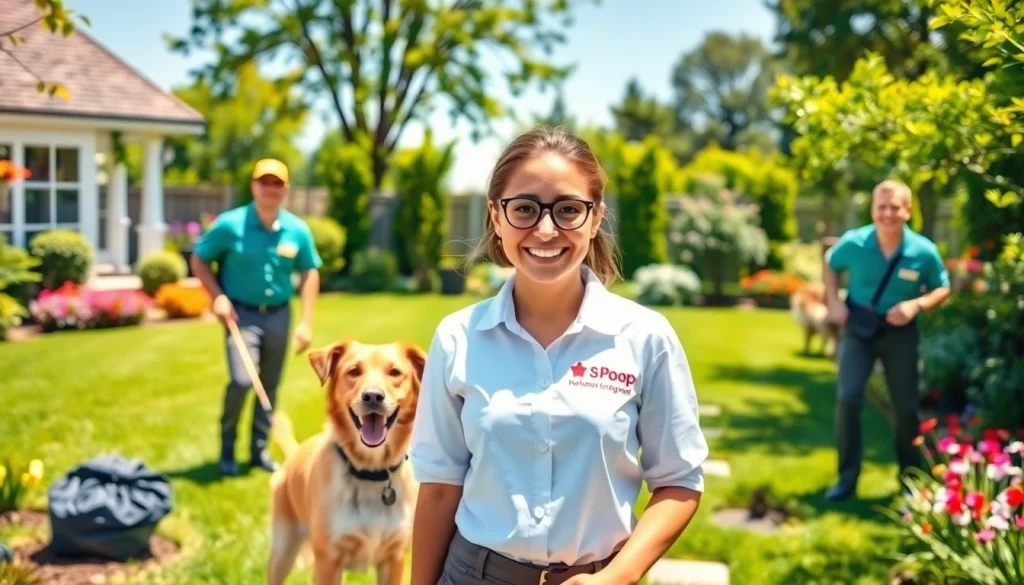 Efficient dog poop pickup service professionals cleaning a yard, ensuring cleanliness and pet happiness.