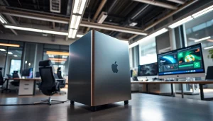 Buy Mac Pro in a modern, high-tech office showcasing its sleek design and professional appeal.