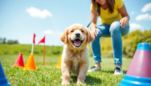 Engaged puppy training session in sunny Irvine park showcasing fun dog training techniques.