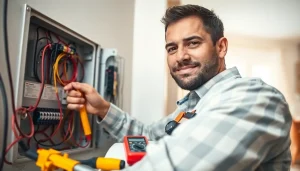 Skilled electrician providing essential Electrical Service by installing a home electrical panel.