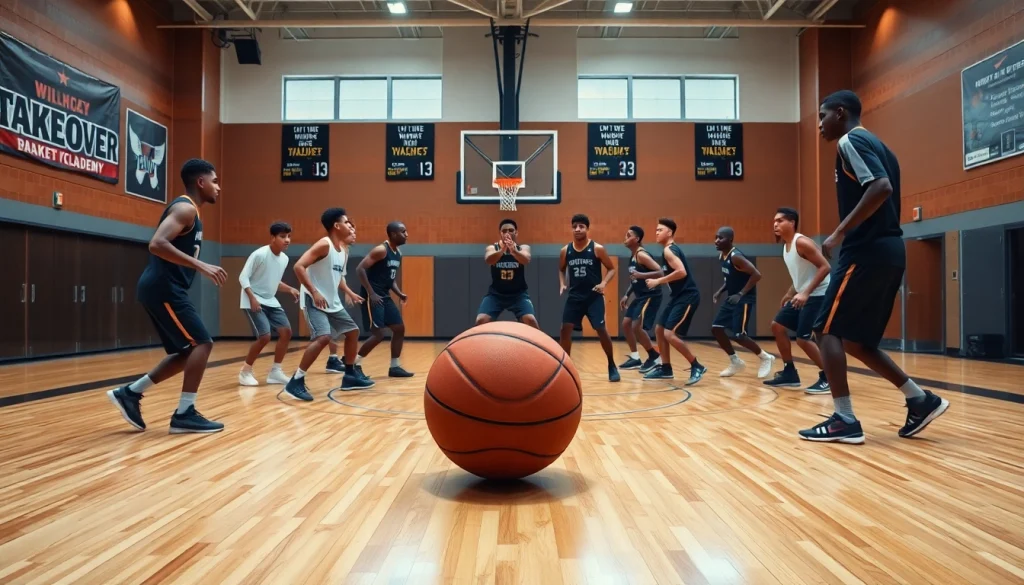 Immersive training scene at Takeover Basketball Academy featuring diverse youth athletes.