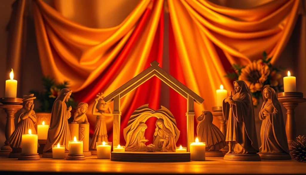 Beautifully arranged nativity sets showcase intricate craftsmanship in a warm holiday setting.