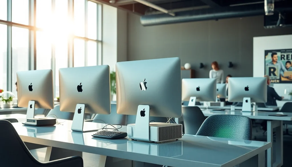 Buy Mac Pro workstations in a modern office with creative tech elements.