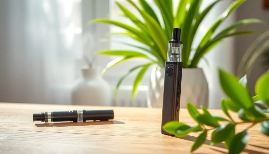 Vaping without nicotine: Stylish vape pen showcased in a calming green environment.