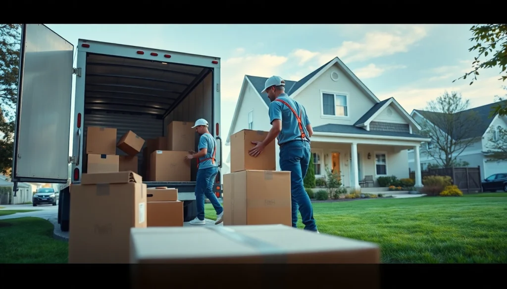 Movers efficiently executing house moves while loading boxes into a truck.