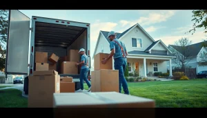 Movers efficiently executing house moves while loading boxes into a truck.