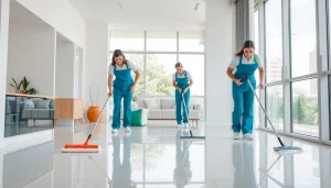 Bond cleaning Brisbane showcased by smiling cleaners in an immaculate apartment setting.