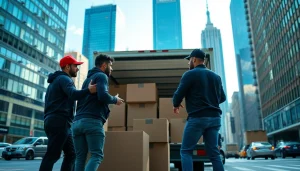 Manhattan moving company team loading a truck amidst iconic city skyline.
