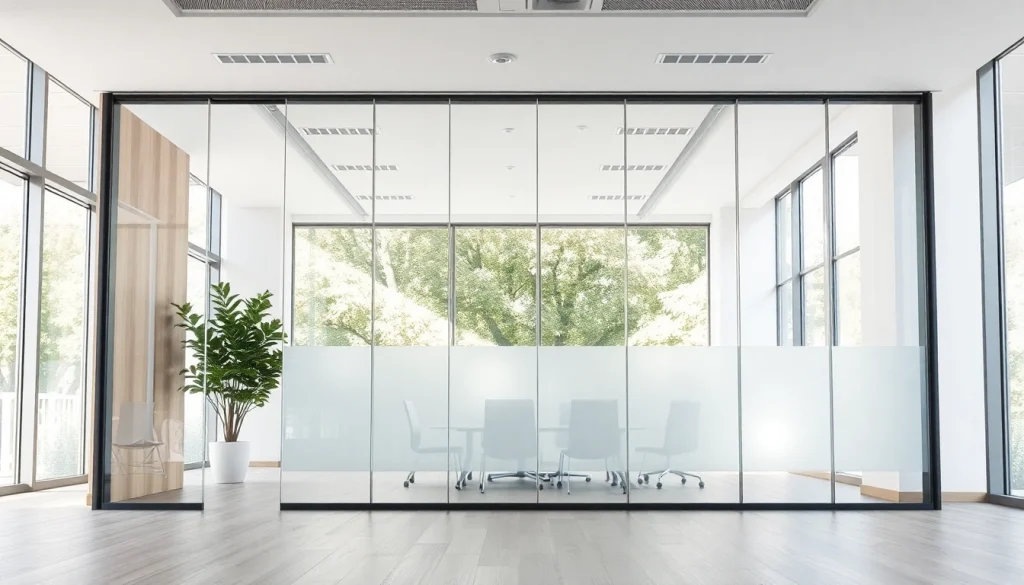 Showcasing movable glass partitions in a modern office setting with bright natural light.