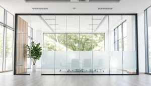 Showcasing movable glass partitions in a modern office setting with bright natural light.