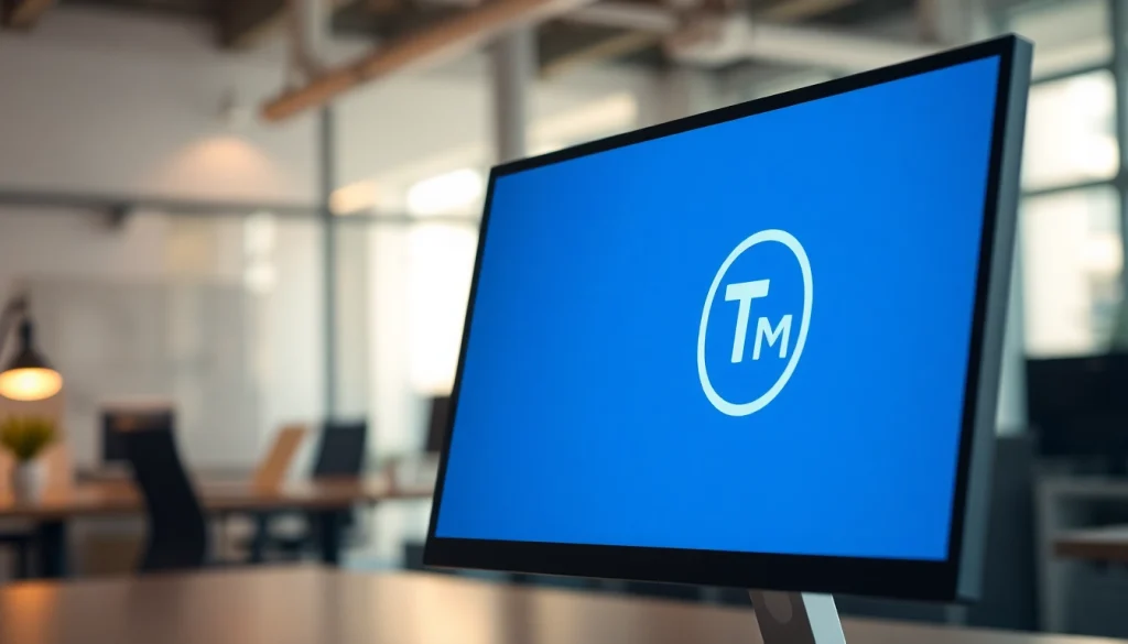 Highlighting a trademark logo with the trademark symbol in a professional workspace environment.