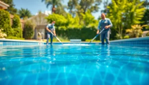 Pool service near me featuring professionals maintaining a pristine swimming pool.