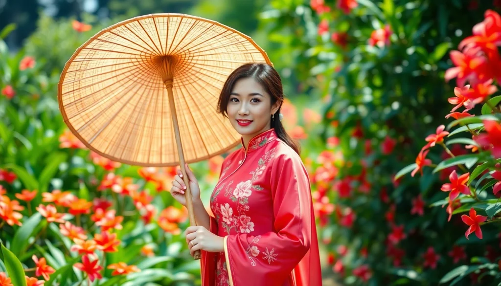 Elegant Vietnamese Áo Dài showcased by a woman in a vibrant garden setting.