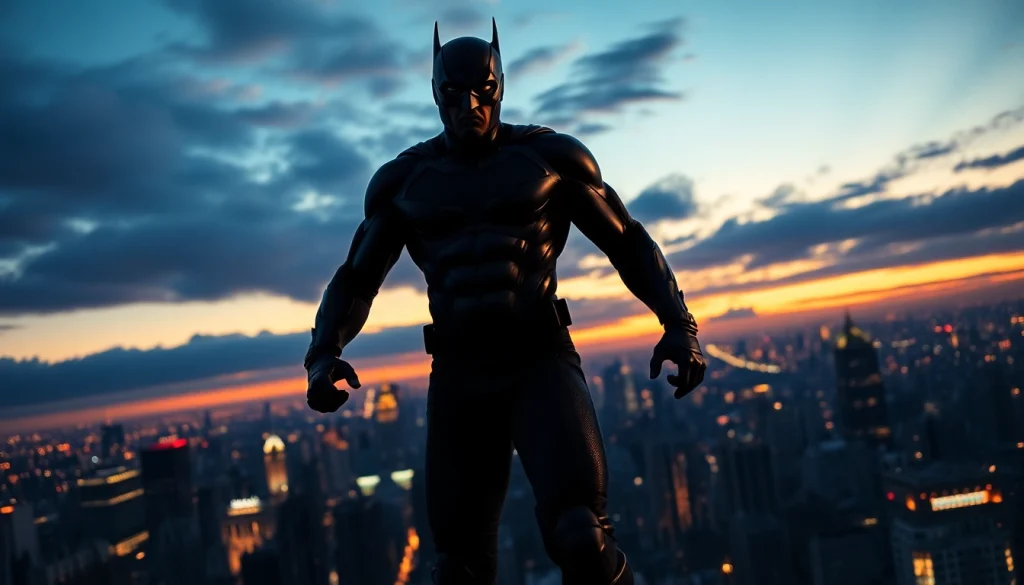 Permainan game batman138 menampilkan pahlawan super yang menginspirasi dengan kota yang sibuk di latar belakang.