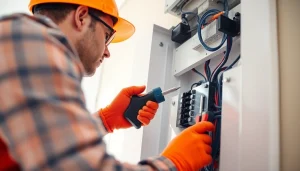 Skilled electrician servicing an electrical panel Clearwater, showcasing expert upgrades and repairs.