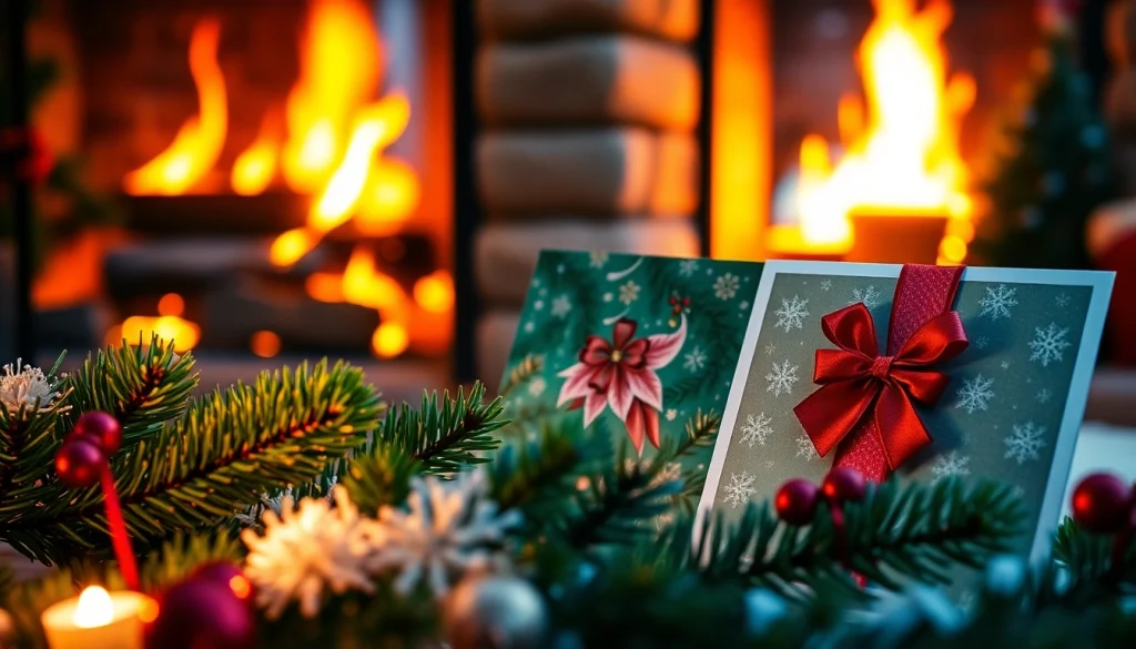 Showcase festive Christmas cards near me arranged by a warm fireplace, radiating holiday cheer.
