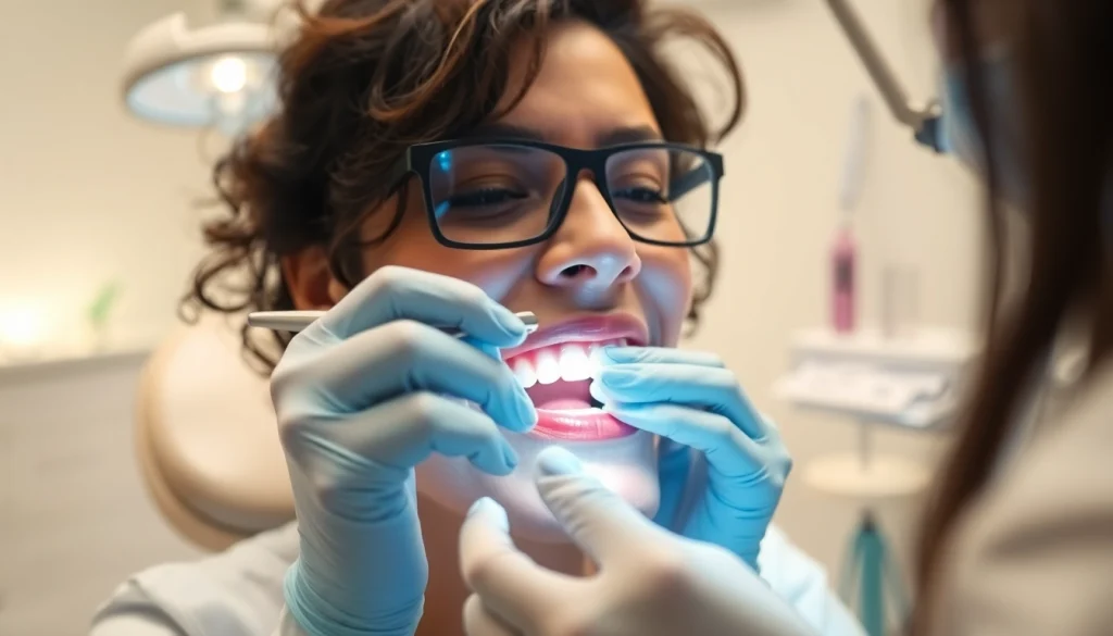 Dental crowns being applied by a professional to restore the patient's teeth.