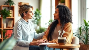 Support session addressing dealing with depression in a serene and inviting therapy setting.