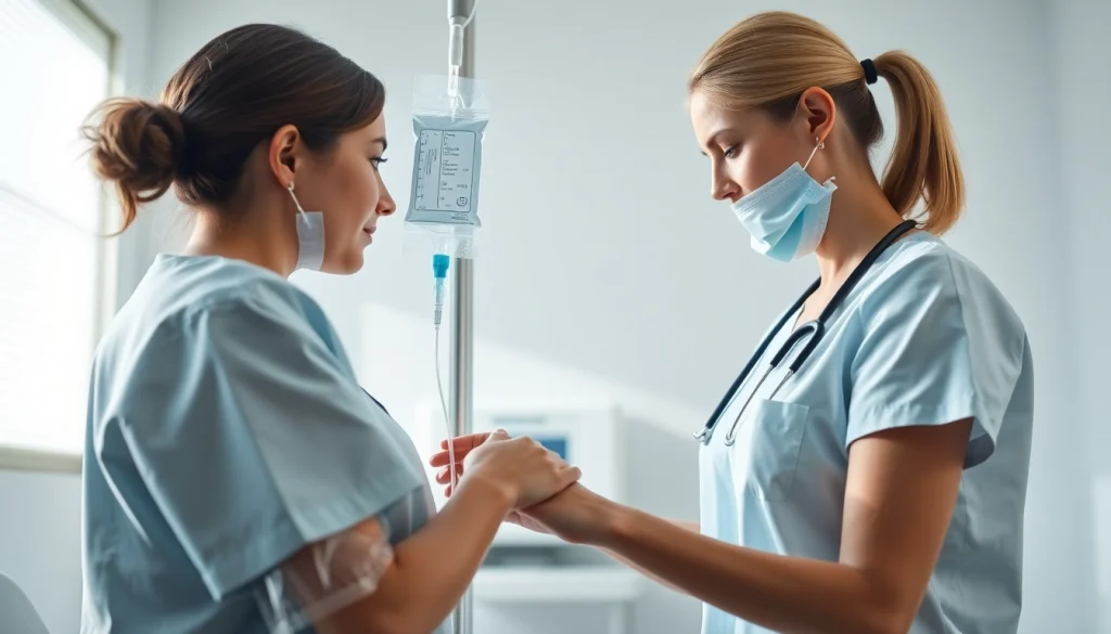 NAD IV therapy cost is illustrated by a nurse administering treatment in a clean, modern medical office.