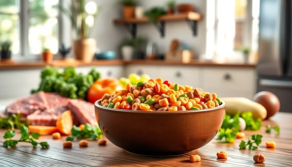 Pet owner serving Badlands Ranch Superfood Complete dog food in a inviting kitchen setting